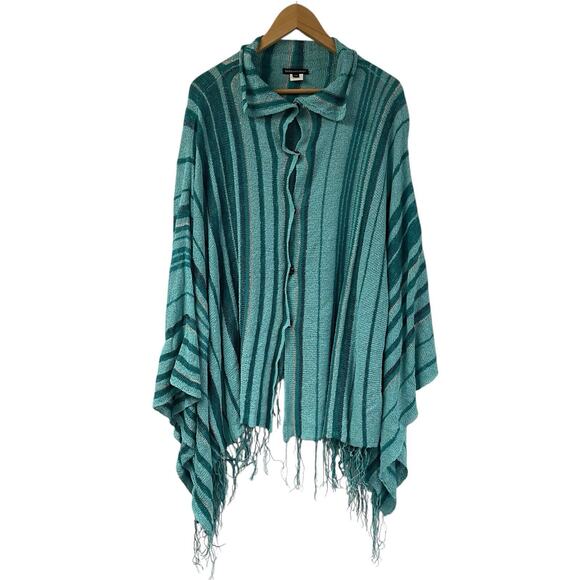 Knit Striped Blue Poncho OS Barbara Who? Fringe Lagenlook - Picture 1 of 10